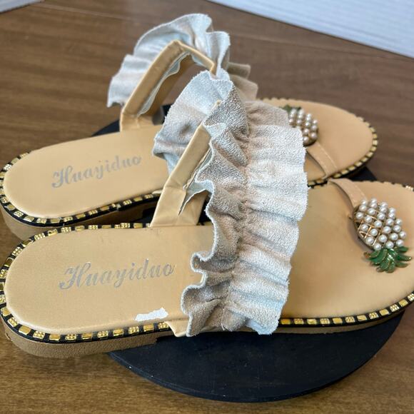Pineapple Toe Ring Sandals 8.5 Summer Beach Cruise Resort Flat Ruffle Shoes - Picture 7 of 11